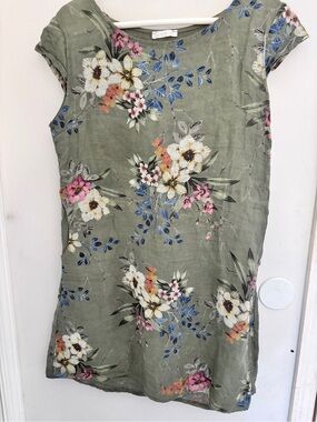 Made in Italy Floral Linen Midi Dress in Olive Pockets Cap Sleeve Large 38x35
